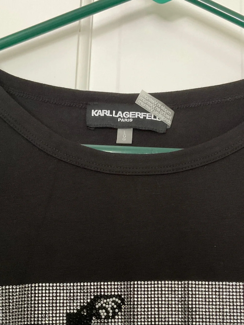Karl Lagerfeld Black Tee with Silver Rhinestone Graphic Panel - Picture 2 of 7